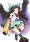  arm_cannon bad_id black_hair black_legwear black_wings blush boots bow breasts brown_eyes cannon cape footwear frills hair_bow high_heels long_hair px8xq reiuji_utsuho ribbon shoes skirt smile socks solo third_eye touhou weapon wings 