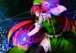  bad_id black_legwear braid fighting_stance fingerless_gloves fire flame gloves hair_ribbon hat hong_meiling long_hair petals red_eyes red_hair redhead ribbon shirt side_slit skirt skirt_set solo star thigh-highs thighhighs torio_k touhou twin_braids very_long_hair 