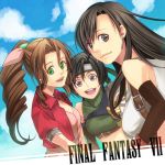  aerith_gainsborough armor bare_shoulders black_hair brown_eyes brown_hair cloud dress final_fantasy final_fantasy_vii green_eyes headband kari_(hotaru_kago) long_hair looking_back midriff multiple_girls short_hair sky sleeveless sleeveless_turtleneck smile suspenders tank_top tifa_lockhart title_drop turtleneck vest yuffie_kisaragi 