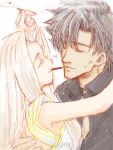  1girl bad_id black_hair cigarette closed_eyes couple dancing emiya_kiritsugu eyes_closed fate/stay_night fate/zero fate_(series) heart husband_and_wife irisviel_von_einzbern long_hair pocky pocky_kiss shared_food short_hair smile white_hair 