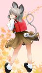  animal_ears autumn_leaves backpack bag grey_hair highres ishikkoro mouse mouse_ears mouse_tail nazrin randoseru red_eyes school_bag shirt short_hair skirt skirt_set smile solo tail touhou 