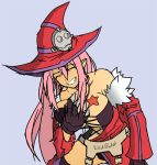  bare_shoulders breasts closed_eyes corset dark_skin detached_sleeves drawfag eyes_closed fang fingerless_gloves gloves grin hat imageboard_colors large_breasts laughing long_hair luminous_arc pink_hair simple_background smile solo star tattoo vanessa_(luminous_arc) witch_hat 
