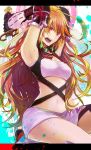  38page :o armpits arms_up bad_id blonde_hair breasts choker gloves highres long_hair midriff milla_maxwell navel open_mouth red_eyes skirt solo sumi_(38page) sword tales_of_(series) tales_of_xillia taut_shirt tubetop weapon 