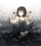  bad_id bare_shoulders black_hair blue_eyes breasts camisole creature darkness dress field glowing glowing_eyes highres impossible_clothes impossible_clothing impossible_dress kneeling nishizawa original short_hair tears teeth yami_shoujo yellow_eyes 