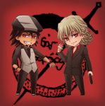  blonde_hair brown_hair chibi ebitetsu facial_hair formal gun lunarclinic male multiple_boys necktie ouroboros ourobunny red_eyes short_hair stubble suit tattoo tiger_&amp;_bunny vest waistcoat weapon 