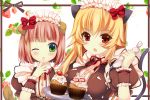  :3 ;3 animal_ears bangs blonde_hair blunt_bangs blush bob_cut bow breasts bust cat_ears cat_tail cherry cupcake dog_ears dog_tail duji_amo finger_to_mouth food fruit green_eyes icing long_hair maid maid_headdress multiple_girls open_mouth original pastry_bag pink_hair red_eyes ribbon short_hair tail wink wrist_cuffs 