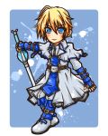  1boy blonde_hair blue_eyes blush boots character_name coat fingerless_gloves gloves guilty_gear highres ky_kiske male no_nose pants shiny.h smile solo sword tabard weapon 