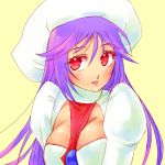  atwight_eks blush breasts hat long_hair purple_hair red_eyes solo tales_of_(series) tales_of_destiny tales_of_destiny_2 yabuki_haru yellow_background 