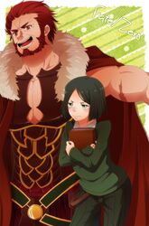  armor beard black_hair bob_cut book cape facial_hair fate/stay_night fate/zero fate_(series) green_eyes male multiple_boys necktie red_eyes red_hair redhead rider_(fate/zero) tears waver_velvet yuma324 