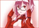  bare_shoulders bespectacled breasts center_opening cleavage fingerless_gloves glasses gloves guilty_crown hair_ornament hairclip highres long_hair onikiri open_mouth pink_hair red_eyes solo yuzuriha_inori 
