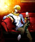  blonde_hair casual couch crossed_legs cup cupping_glass fabulous fate/stay_night fate/zero fate_(series) gilgamesh jewelry legs_crossed male red_eyes sitting smile solo starstar4 wine_glass 