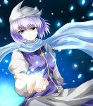  apron bad_id blue_eyes blush breasts hat highres lavender_hair letty_whiterock nekominase scarf short_hair skirt smile snow solo touhou 