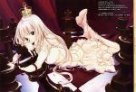  absurdres bare_shoulders chess_piece chessboard chocolate crown dengeki_hime dress elbow_gloves gloves high_heels highres legs_up long_hair looking_at_viewer lying mouth_hold on_stomach original oversized_object princess red_eyes ribbon scan shoes solo takeshima_satoshi white_dress white_gloves white_hair 