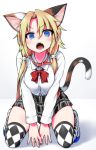  1girl animal_ears argyle argyle_legwear blonde_hair blue_eyes cat_ears cat_tail chankodining_waka collar fangs highres kneeling long_hair looking_at_viewer low_twintails open_mouth original solo tail thigh-highs twintails 