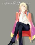  blonde_hair blue_eyes crossed_legs highres howl howl_no_ugoku_shiro legs_crossed male miyamotokannn simple_background sitting solo studio_ghibli 