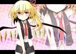  alternate_costume arm_behind_head ascot blonde_hair blush flandre_scarlet hair_ribbon hand_behind_head letterboxed navel necktie red_eyes ribbon short_hair short_shorts shorts side_ponytail smile solo the_embodiment_of_scarlet_devil touhou vest wings yutamaro zoom_layer 