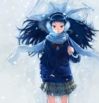  black_hair blue_eyes boyaking earmuffs hand_in_pocket long_hair original scarf snow solo umbrella winter winter_uniform 