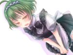  akizuki_ryou antenna_hair apron black_legwear blush bow brown_eyes crossdressinging green_hair idolmaster idolmaster_dearly_stars kasu1192 maid maid_headdress male open_mouth saliva short_hair skirt skirt_pull skirt_tug solo tears thigh-highs thighhighs trap 