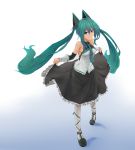  absurdres aqua_eyes bare_shoulders detached_sleeves green_hair hatsune_miku highres kimagure long_hair necktie pantyhose pigeon-toed pigeon_toed skirt skirt_hold skirt_lift smile solo twintails very_long_hair vocaloid 