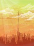  city cloud juuyonkou no_humans original red red_sky ruins sky skyline sunbeam sunlight tower 