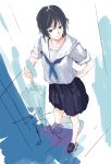  black_hair blue_eyes closed_umbrella foreshortening from_above highres original school_uniform serafuku short_hair sketch solo takeshima_satoshi umbrella 