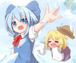  blonde_hair blue_dress blue_eyes blue_hair bow chibi cirno closed_eyes dress eyes_closed flying food frog frozen hair_bow ice_cream kisa_(k_isa) long_sleeves moriya_suwako multiple_girls open_mouth outstretched_arms oversized_clothes shirt skirt skirt_set sleeves_past_wrists spread_arms tears touhou vest wavy_mouth wings 