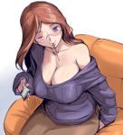  blue_eyes blush breasts brown_hair chair cleavage copyright_request glasses head_tilt huge_breasts large_breasts lips long_hair mouth_hold no_bra off_shoulder pocky rozenweapon sitting solo sweater wink 