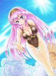  blush breasts cleavage clothed_navel cloud foreshortening hairband hat large_breasts long_hair megurine_luka one-piece_swimsuit outstretched_hand pink_hair qsaku reaching smile solo straw_hat sun swimsuit thigh_gap traditional_media vocaloid 