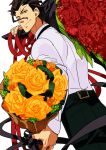  black_hair bouquet casual dutch_angle fate/stay_night fate/zero fate_(series) flower gae_buidhe gae_dearg lancer_(fate/zero) male mole red_rose ribbon rose sexy44 short_hair solo wink yellow_eyes yellow_rose 