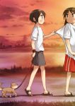  2girls brown_eyes casual clouds dog hasegawa_fumi long_hair multiple_girls okano_kei rainydayjp shirt_pull short_hair sky slippers walking yuyushiki 