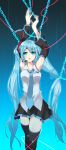  aqua_eyes aqua_hair arms_up bad_id chain chains detached_sleeves hatsune_miku headset highres kako11 long_hair necktie open_mouth restrained skirt solo thigh-highs thighhighs twintails very_long_hair vocaloid 