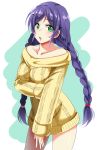  1girl alternate_hairstyle bare_shoulders braid fukuma green_eyes long_hair looking_at_viewer love_live!_school_idol_project purple_hair solo sweater toujou_nozomi twin_braids twintails 