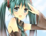  ayumaru_(art_of_life) bad_id detached_sleeves face fang green_eyes green_hair hatsune_miku necktie open_mouth salute solo twintails vocaloid x1213hide 