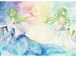  1girl bare_shoulders casual closed_eyes cloud crescent detached_sleeves dual_persona eyes_closed frog green_eyes green_hair hair_ornament hair_tubes kochiya_sanae moon multiple_girls shiratsuyu skirt smile snake touhou traditional_media watercolor_(medium) 