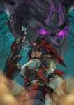  1girl armor black_hair blue_eyes cete claws dragon gauntlets gore_magala holding_weapon horns looking_at_viewer looking_down monster_hunter monster_hunter_4 rathalos_(armor) sword tongue tongue_out weapon wings 