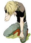  barnaby_brooks_jr batsu_bo_to_bikan belt blonde_hair boots head_down jewelry male ring shoelaces solo studded_belt t-shirt tears tiger_&amp;_bunny wiping_tears 