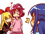  /\/\/\ 3girls aida_mana arm_hug blonde_hair blue_hair braid closed_eyes dokidoki!_precure half_updo hishikawa_rikka jealous long_hair multiple_girls pink_hair precure regina_(dokidoki!_precure) short_hair simple_background smile white_background yuri 