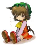  animal_ears brown_hair cat_ears cat_tail chen earrings hat jewelry makoto_k_7900 nekomata paws sitting solo t_repens tail tears touhou 