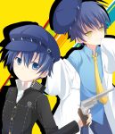  2girls androgynous blue_eyes blue_hair cabbie_hat dark_persona dual_persona gun hat houndstooth kaname_ihnk labcoat multiple_girls necktie persona persona_4 reverse_trap revolver school_uniform shirogane_naoto short_hair sleeves_past_wrists tomboy weapon yellow_eyes 