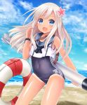  1girl blonde_hair blue_eyes crop_top flower hair_flower hair_ornament kantai_collection lifebuoy long_hair looking_at_viewer ro-500_(kantai_collection) sailor_collar school_swimsuit swimsuit swimsuit_under_clothes torpedo u_rin 