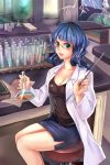 beaker blue_hair book breasts chair chemist chemistry cleavage copyright_request glasses green_eyes labcoat long_hair miniskirt open_mouth paper pointer side_slit sitting skirt smile solo suoni_(deeperocean) test_tube 