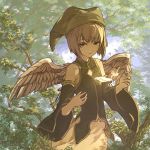  1boy androgynous bare_shoulders bird brown_hair character_request detached_sleeves elona feathers hat kumiromi_of_harvest nature rueken solo trap tree wings 