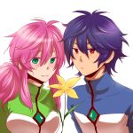  1girl black_hair brown_eyes feldt_grace flower green_eyes gundam gundam_00 michino pink_hair ponytail setsuna_f_seiei short_hair 