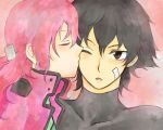  1girl amasato bad_id bandaid black_hair brown_eyes cheek_kiss closed_eyes eyes_closed feldt_grace gundam gundam_00 kiss pink_hair ponytail setsuna_f_seiei short_hair wink 