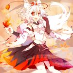  1girl :d akibotann animal_ears bridal_gauntlets detached_sleeves hat inubashiri_momiji leaf maple_leaf midriff navel open_clothes open_mouth red_eyes short_hair silver_hair smile solo tail tokin_hat touhou wide_sleeves wolf_ears wolf_tail 