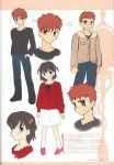  1girl alternate_hairstyle artbook bandage_on_nose bandaid_on_nose blue_eyes casual emiya_shirou fate/stay_night fate_(series) hair_bobbles hair_ornament jacket matou_sakura red_hair redhead scan takeuchi_takashi tohsaka_rin toosaka_rin tsukihime type-moon young 