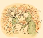  autumn blush hong_meiling izayoi_sakuya leaf lying multiple_girls on_back ponke sketch smile the_embodiment_of_scarlet_devil touhou yuri 