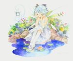  almordova chin_rest cirno dress flower highres lantern sitting solo touhou traditional_media water watercolor_(medium) white_dress 
