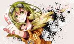  clenched_teeth foreshortening goggles goggles_on_head green_eyes green_hair gumi highres jacket jinsei_reset_button_(vocaloid) looking_at_viewer nou pointing short_hair solo vocaloid 