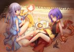  bare_legs barefoot book breasts cleavage closed_eyes eyes_closed feet fire fireball food fox grey_hair kawagoe_pochi multiple_girls professor_(ragnarok_online) purple_eyes purple_hair ragnarok_online shoes_off shoes_removed sleeping smile violet_eyes 